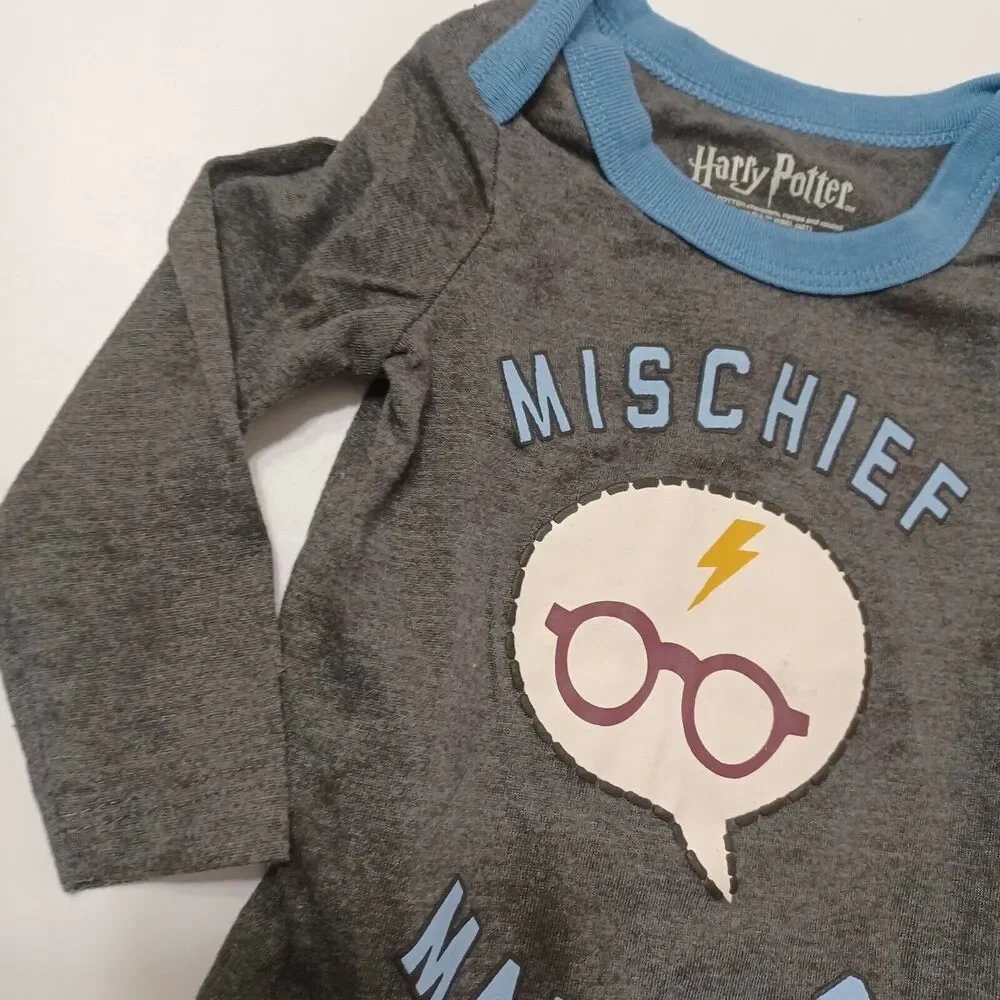 Harry Potter Unisex NB Bodysuit Mischief Managed Heathered Grey Blue Snap Button